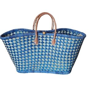 Blue and Tan Woven Tote Bag